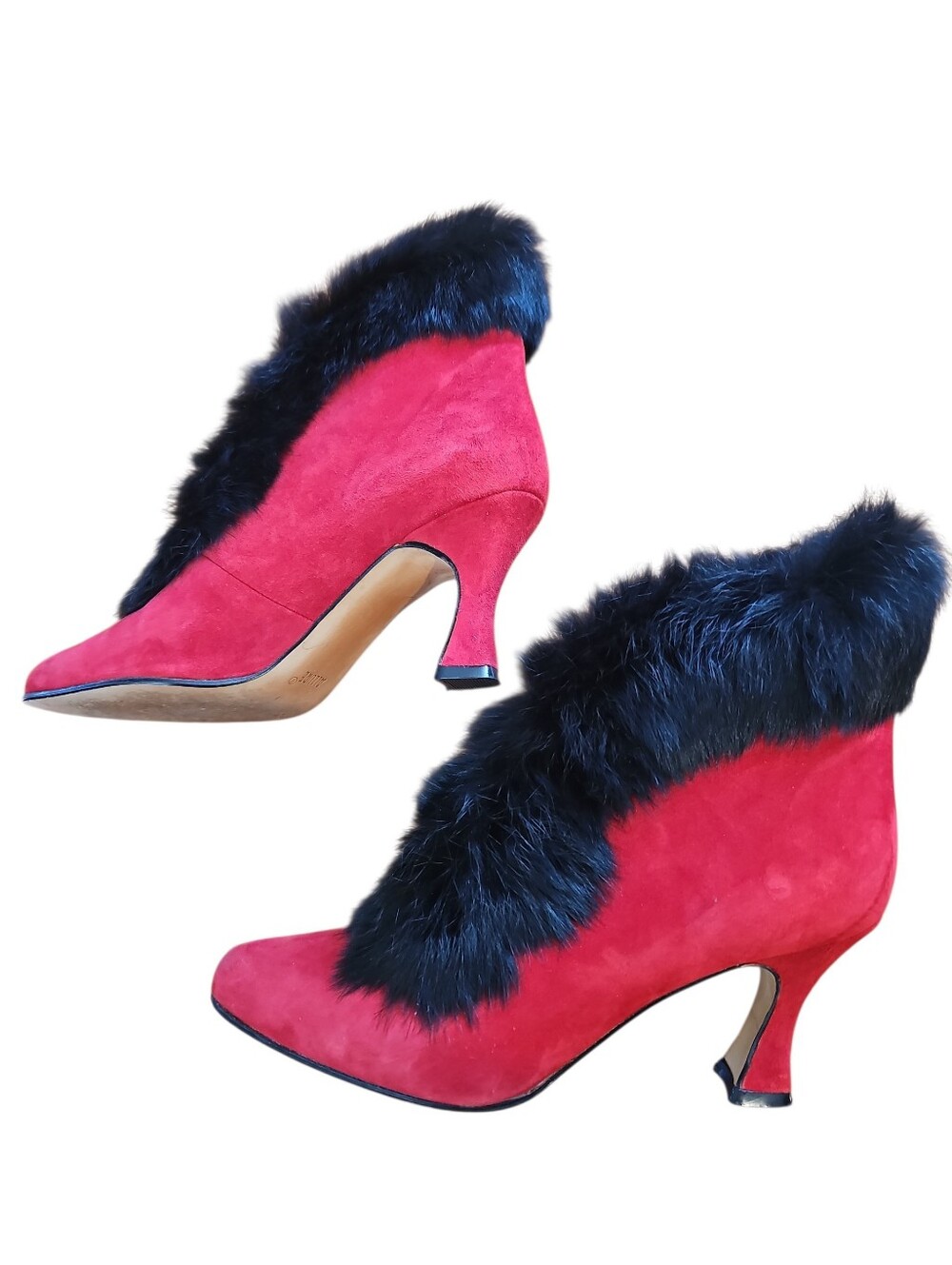 Allure Red Suede Black Fur Trim Pointed Toe Ankle Booties Kitten Heels Sz 9